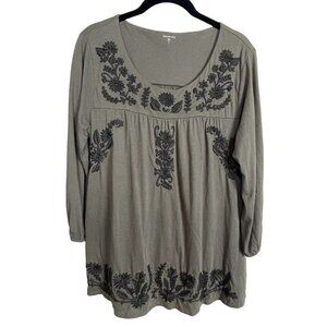 Garnet Hill Olive Green Embroidered Floral‎ 3/4 Sleeve Tunic Top Size M